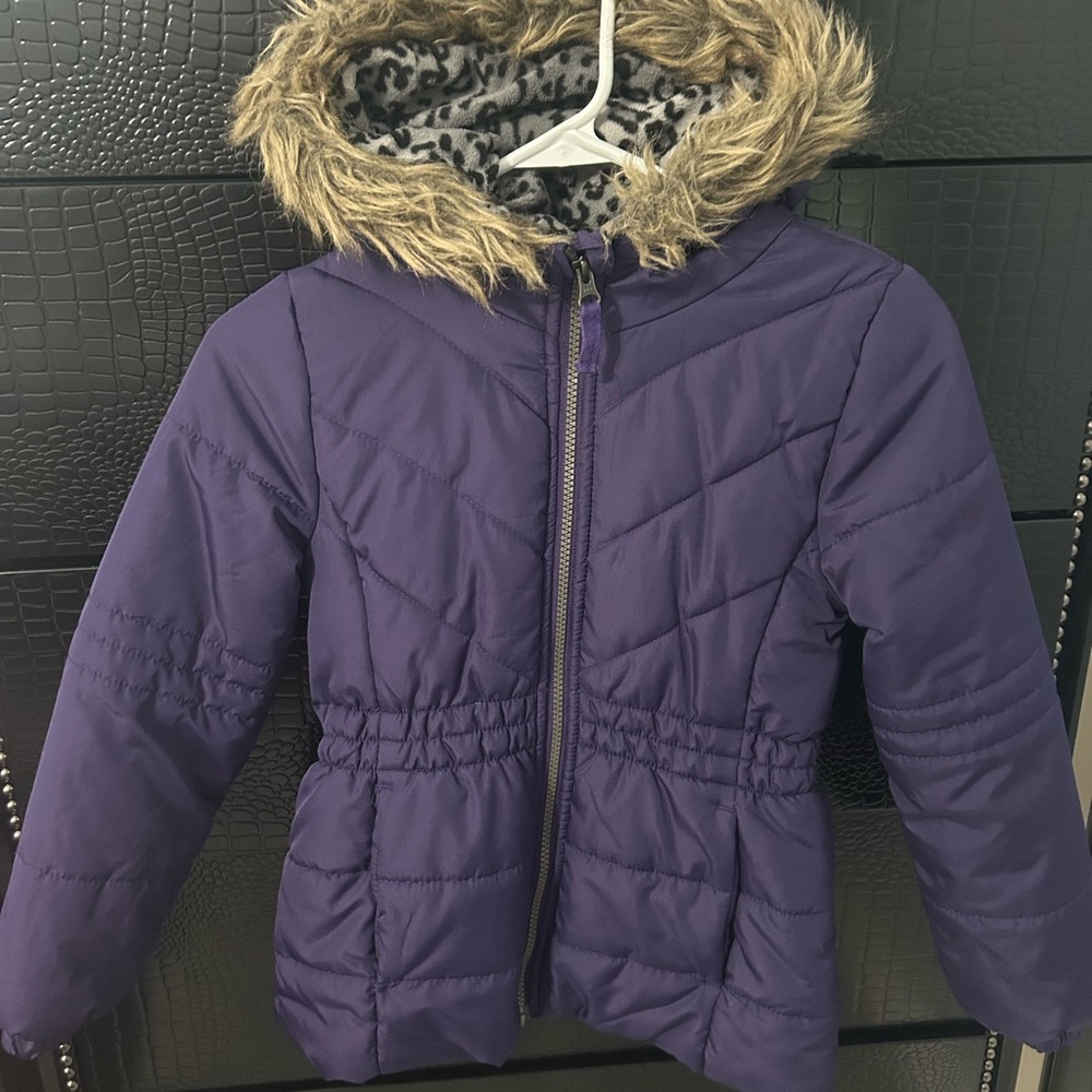 Girls' Hooded Purple Puffer Jacket with Faux-Fur Trim